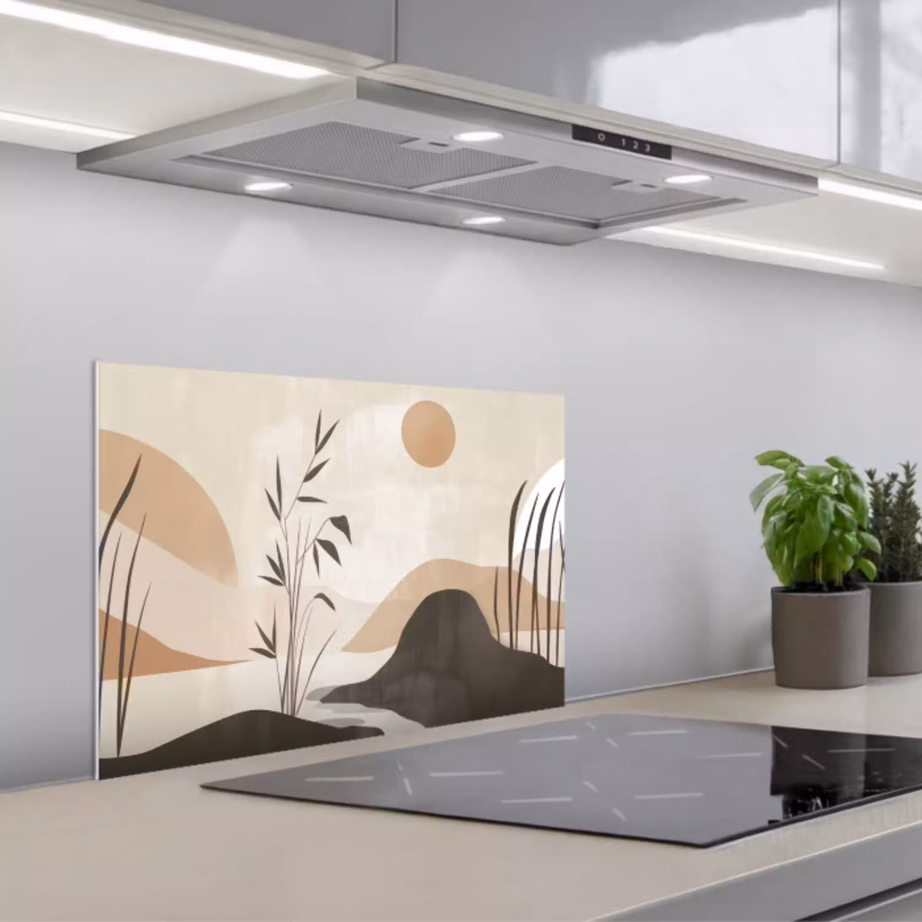 Japandi - Landschap - Beige keuken achterwand spatscherm klein -3d_schuin