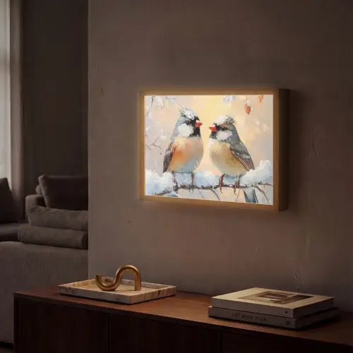 Vogels - Tak - Winter - Sneeuw Light Box met batterij (Wandlamp) middel -sfeer1