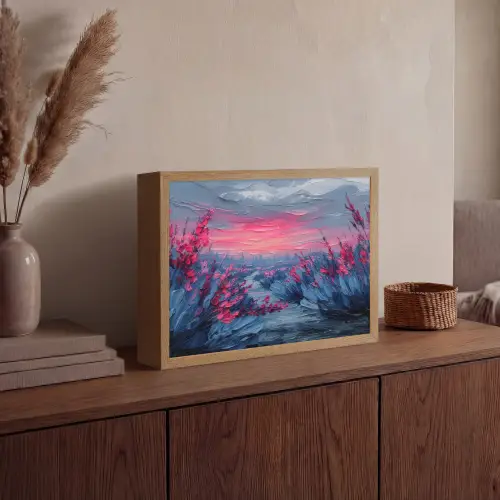 Schilderij - Zonsondergang - Bloemen - Rivier Light Box met batterij (Wandlamp) middel -sfeer2