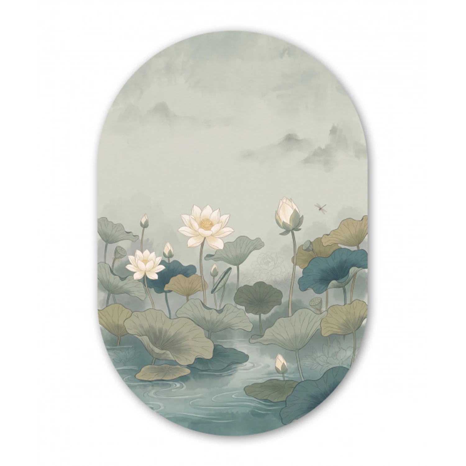 Lotus - Bloemen - Groen Wandcirkel Ovaal Forex klein -3d