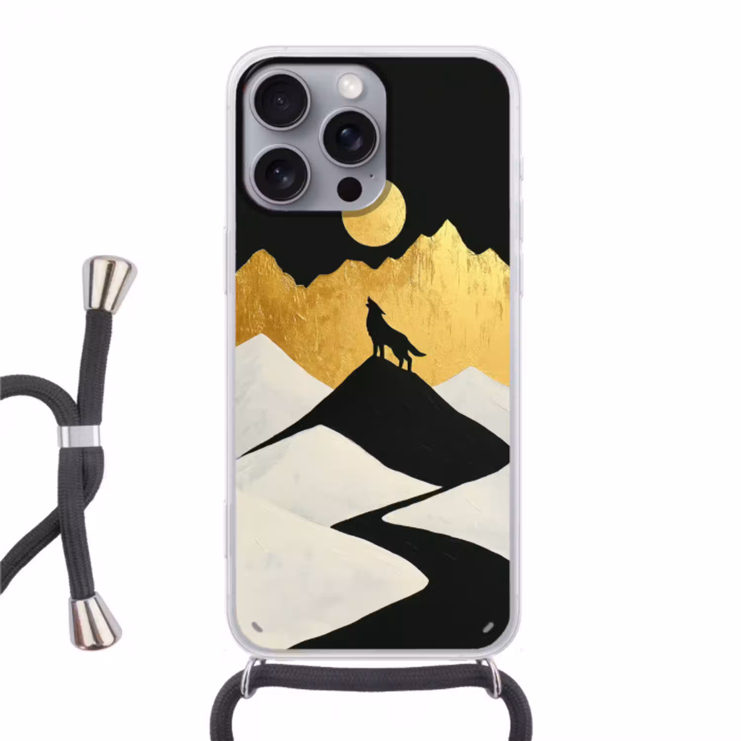 Wolf - Bergen - Maan - Zwart Hoesje iPhone 16 Pro Max met koord klein -3d