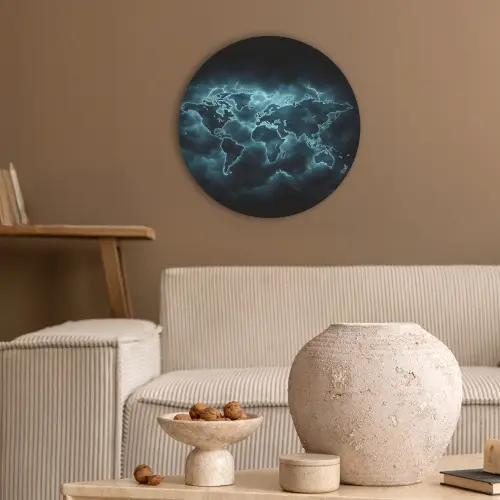 Wereldkaart - Bliksem - Blauw Akoestische PET Vilt - Rond klein -sfeer1