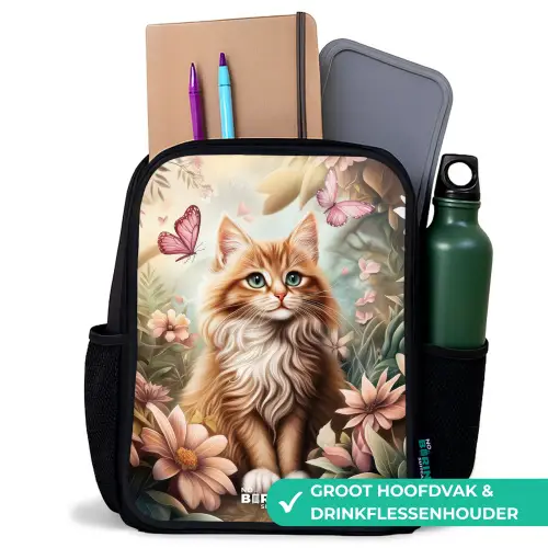 Kat in bloemenveld met roze vlinders. Rugzak - Zwart middel -inhoud_NL