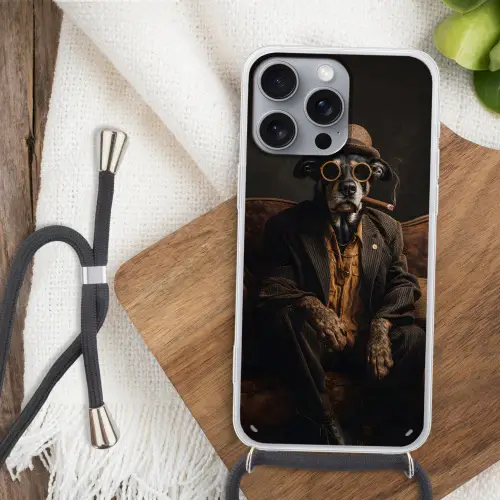 Hond - Sigaar - Hoed - Pak Hoesje iPhone 16 Pro Max met koord klein -sfeer4