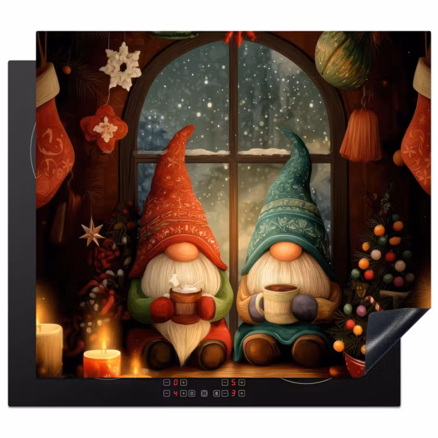 Inductie beschermer - Gnooms - Kerst - Raam - Kleurrijk