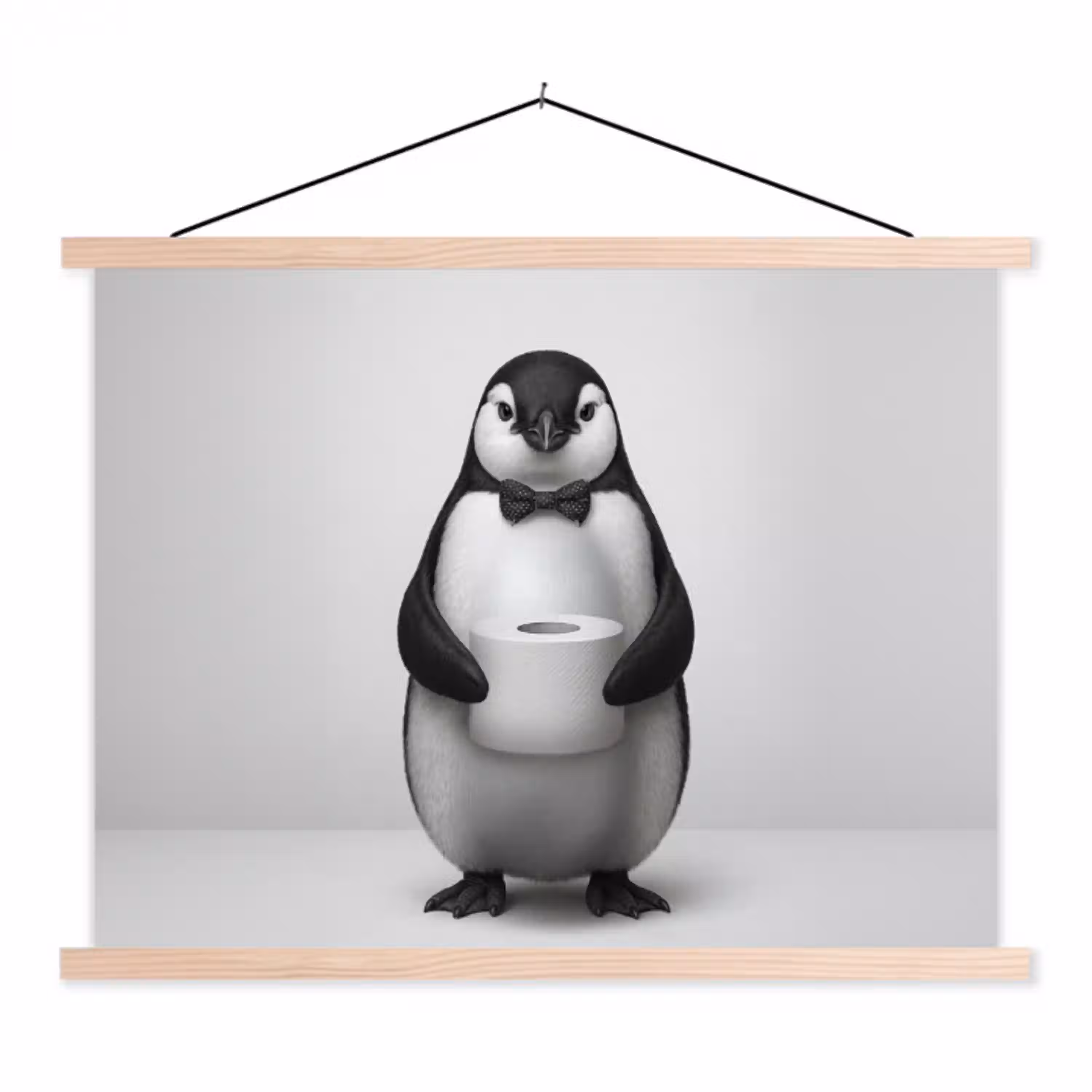 Pinguïn - WC rol - Wit textielposter latten blank klein -3d