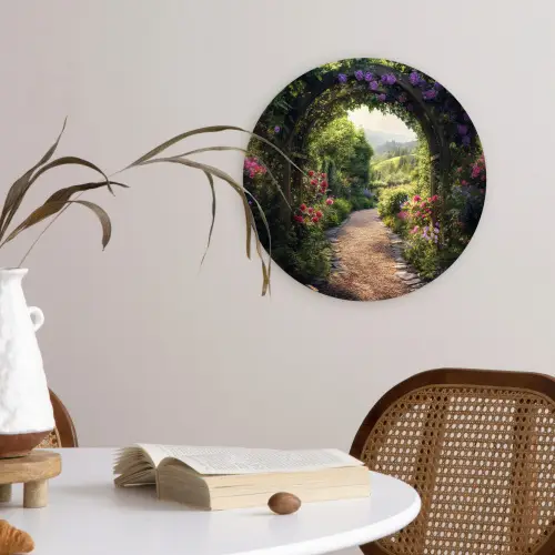 Doorkijk - Landschap - Bloemen - Tuinboog - Natuur Wandcirkel kunststof plaat 5mm dik klein -sfeer4