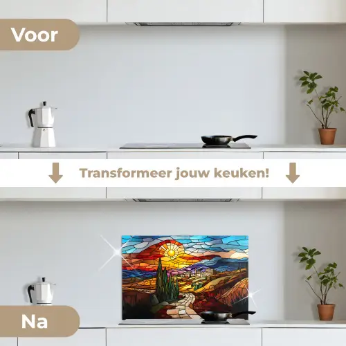 Mozaïek - Zon - Landschap - Dorp keuken achterwand spatscherm klein -voor_na_NL