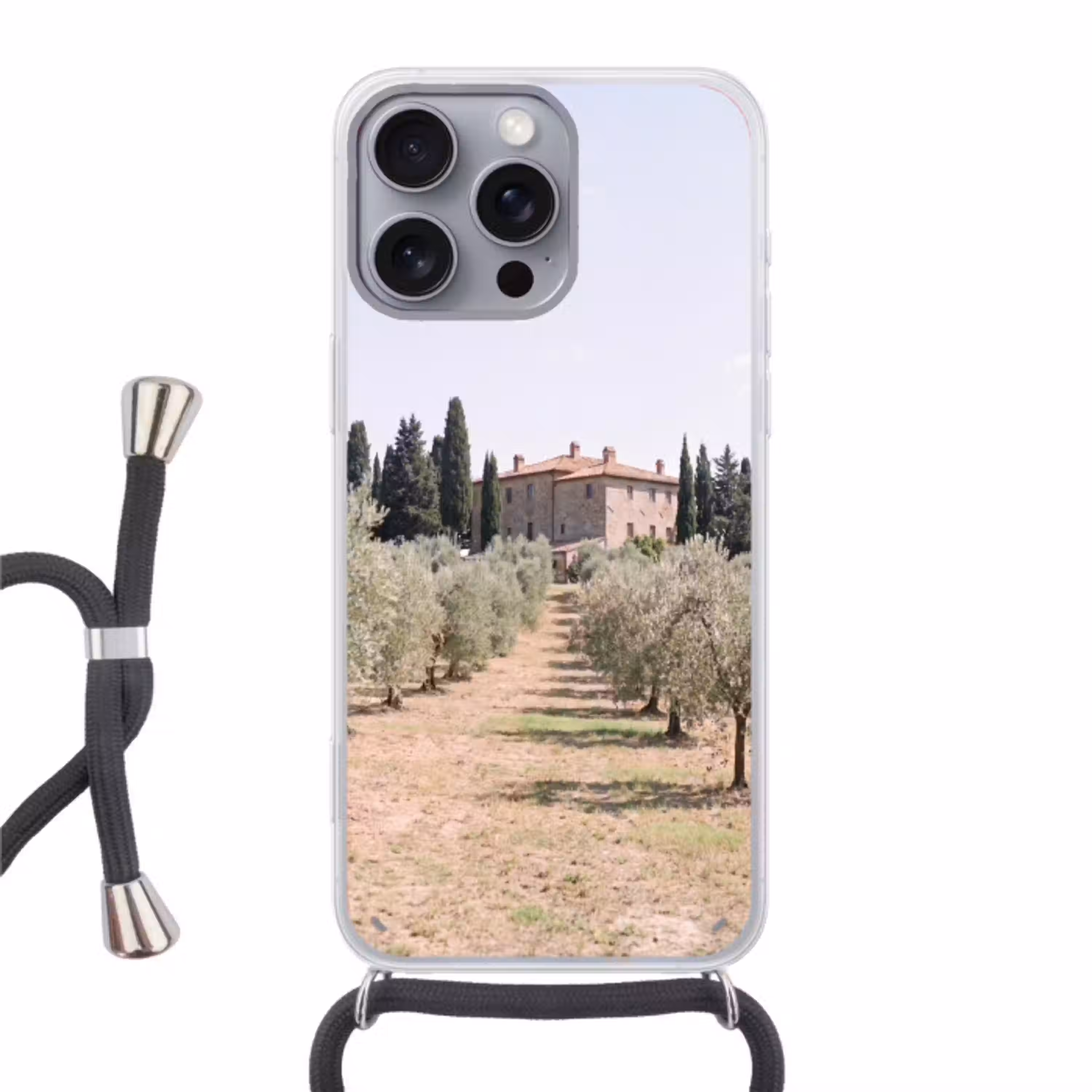 Landhuis - olijfboom - gaard Hoesje iPhone 16 Pro Max met koord klein -3d