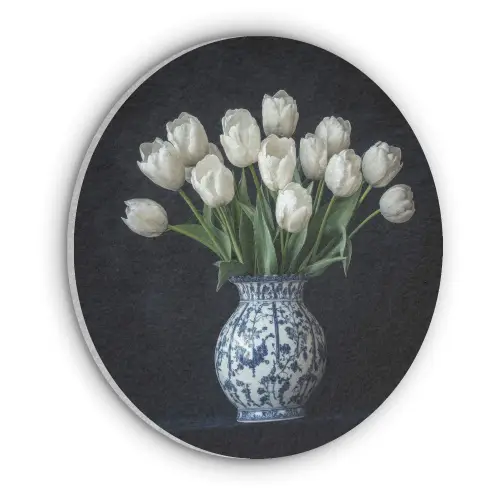 Wit - Bloemen - Tulpen - Vaas Akoestische PET Vilt - Rond klein -3d
