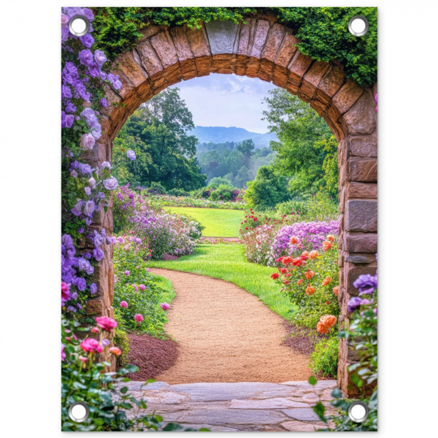 Doorkijk - Poort - Bloemen - Tuin tuinposter los doek klein -3d