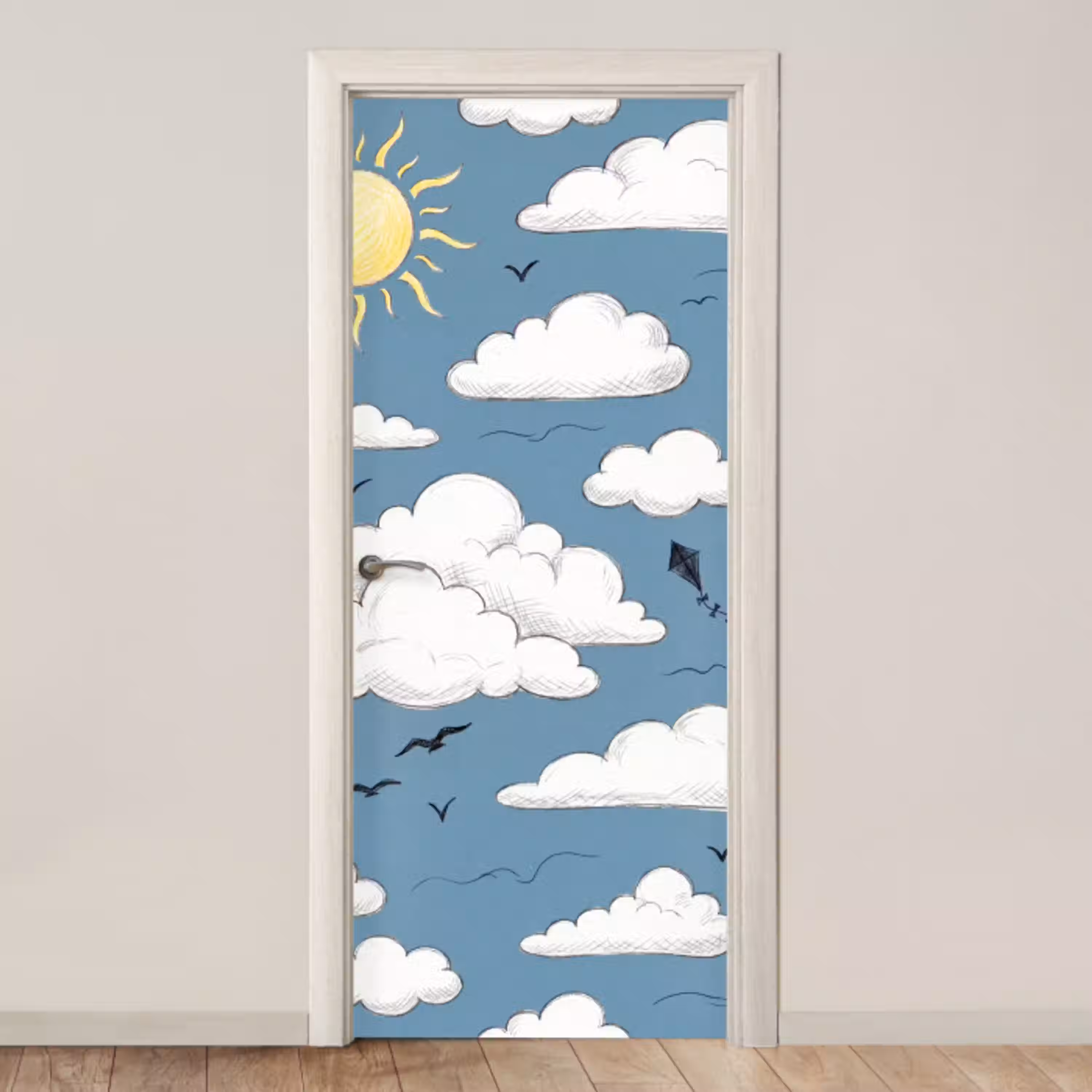 Lucht - Zon - Wolken - Natuur - Blauw deurposter klein -3d_beige