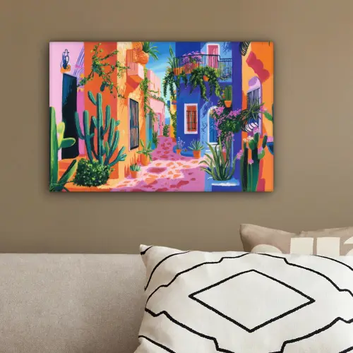 Geel - Blauw - Oranje - Huis canvas 2cm klein -sfeer3