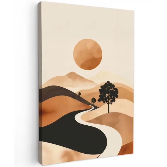 Zon - Heuvels - Boom - Abstract Tuinposter op houten frame 2 cm dik klein -3d