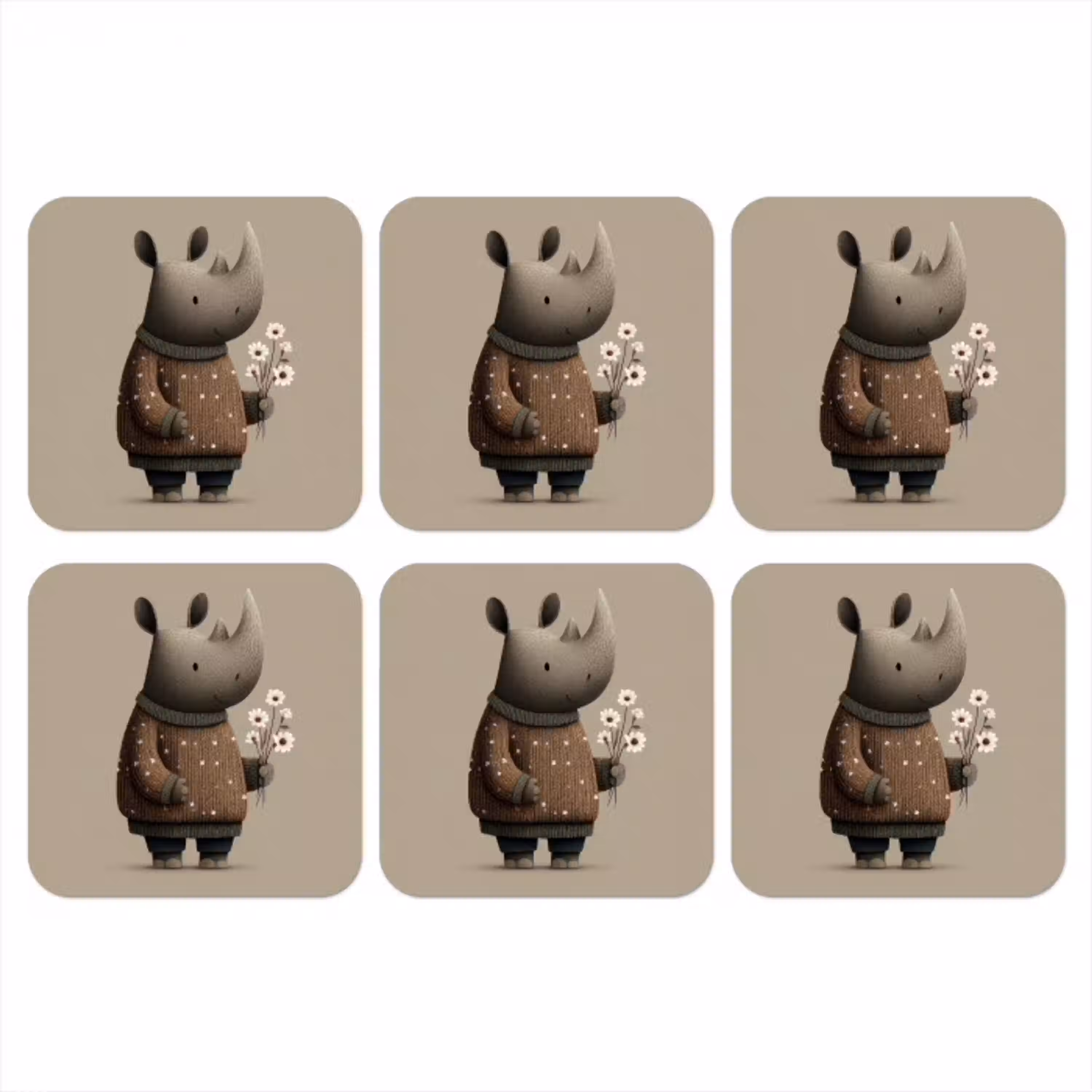 Neushoorn - Witte bloemen - Lief onderzetter kurk middel -3d
