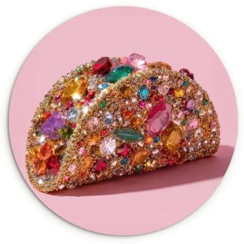 Taco - Kleurrijk - Edelstenen - Goud Wandcirkel kunststof plaat 5mm dik klein -3d