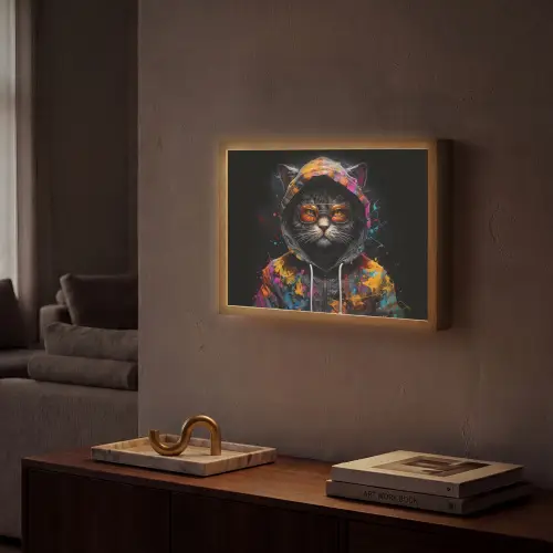 Kat - Jas - Graffiti - Bril - Zwart Light Box met batterij (Wandlamp) middel -sfeer1