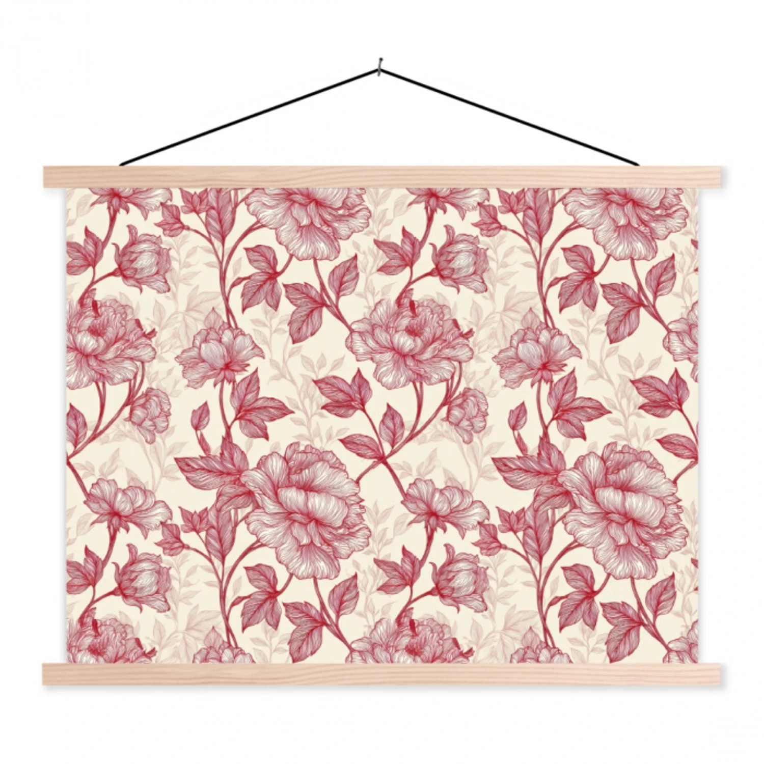 Pioenrozen - Modern -  Rood textielposter latten blank klein 122 -3d