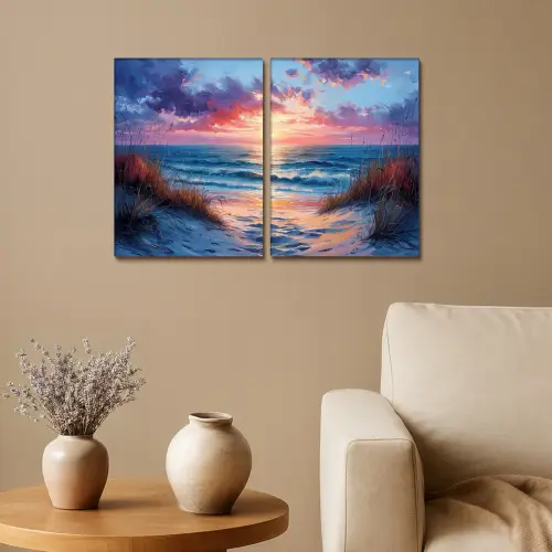 Strand - Blauw - Verf - Paars Canvas - Meerluiken 2 luik klein -sfeer1