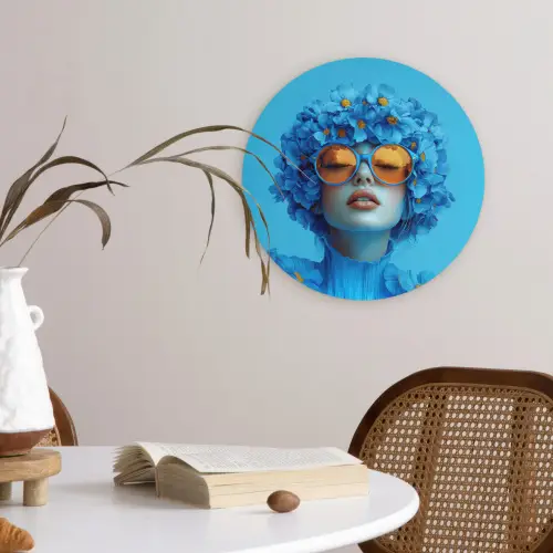 Vrouw - Bloem - Blauw - Modern - Bril - Portret Wandcirkel kunststof plaat 5mm dik klein -sfeer4