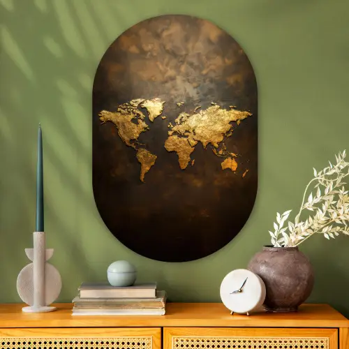 Wereldkaart - Goud - Roest Wandcirkel Ovaal Glas middel -sfeer2