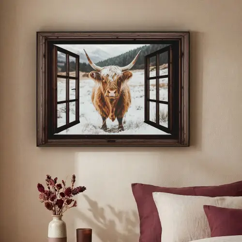 Schotse Hooglander - Landschap - Landelijk - Bergen - Winter - Doorkijk - Donker Textielframe zwart klein -sfeer1