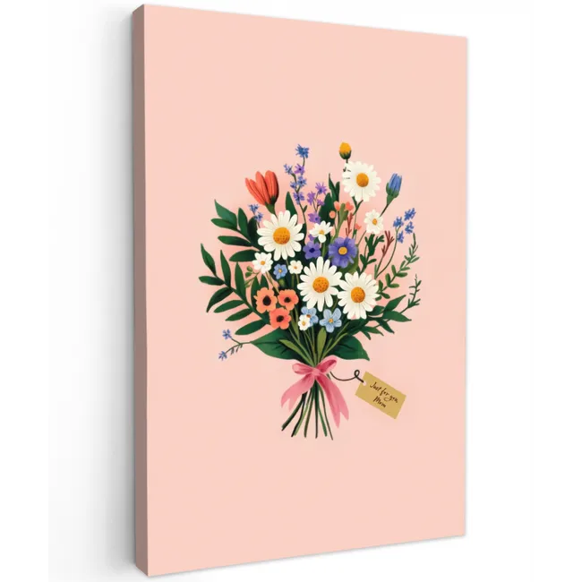 Margrieten - Boeket - Strikje - Roze Tuinposter op houten frame 2 cm dik klein -3d