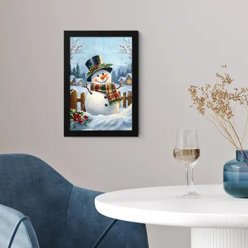 Sneeuwpop - Winterdorp - Kleurrijk fotolijst zwart zonder passe partout klein -sfeer4