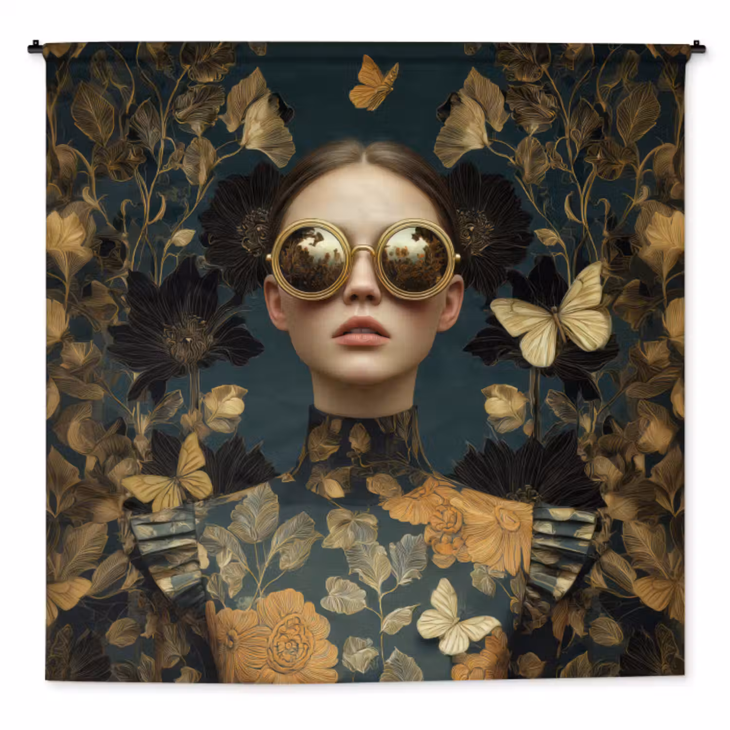 Wandkleed - Vrouw - Bladeren - Goud - Vlinders