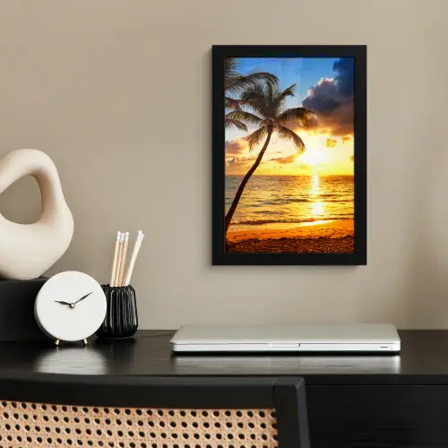 Strand - Horizon - Zonsondergang - Palmboom - Zee fotolijst zwart zonder passe partout klein -sfeer1