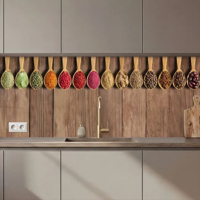 Kitchen Wall Splashback - Spoons - Herbs - Wood