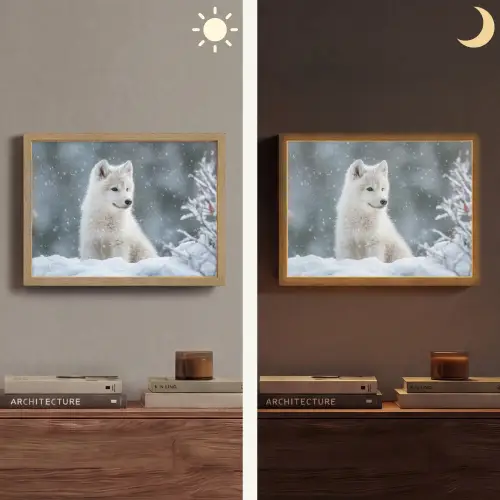 Wolf - Pup - Sneeuw Light Box met batterij (Wandlamp) middel -sfeer3