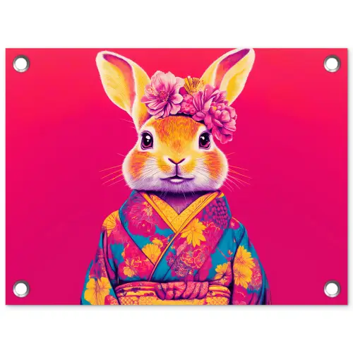 Konijn - Bloemen - Kleurrijk - Kimono tuinposter los doek klein -3d