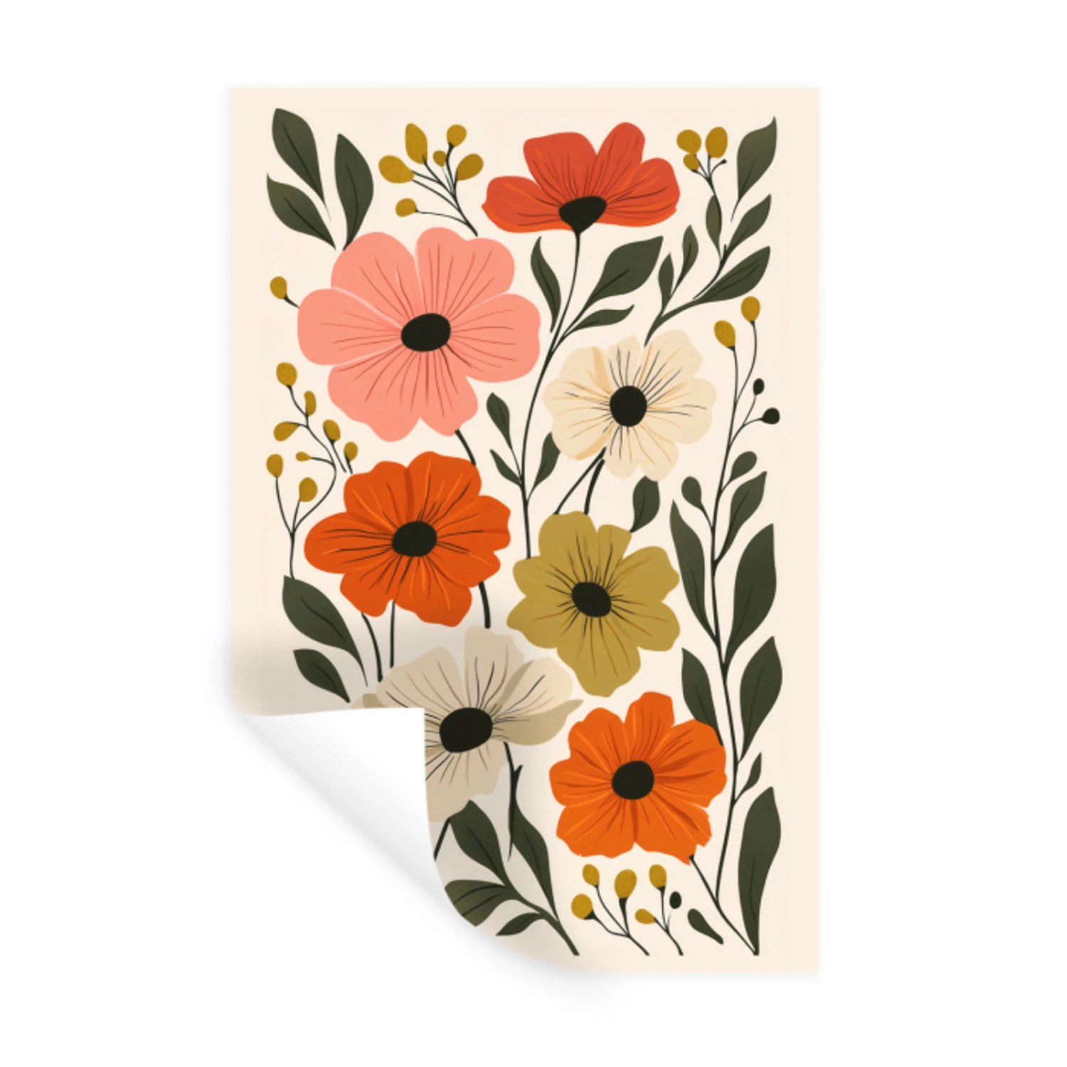 Veldbloemen - Stengels - Blaadjes - Groen Muursticker klein -3d