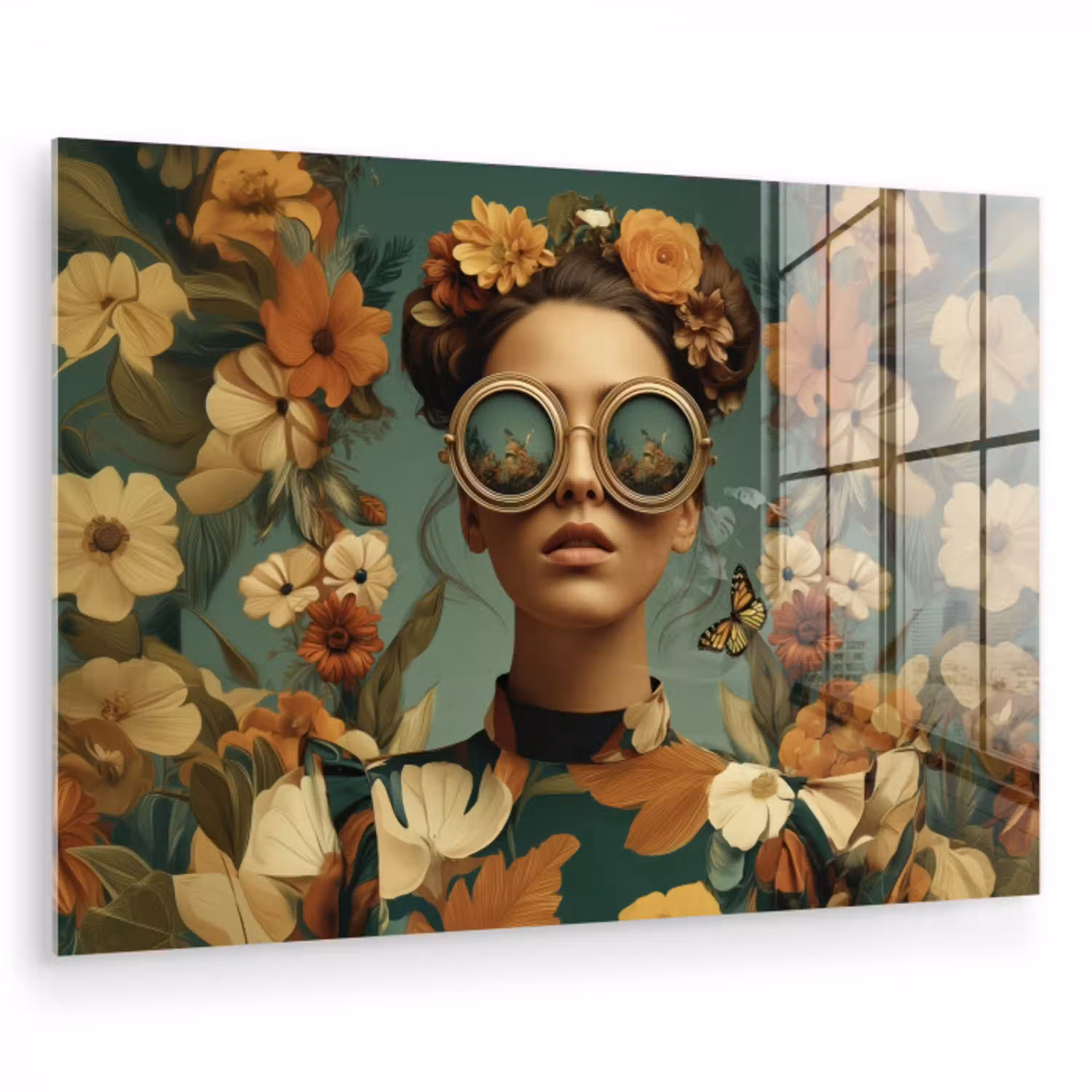 Bloemenkrans - Vrouwengezicht - Zonnebril - Oranje plexiglas 5mm klein -zzzproduct_nieuw
