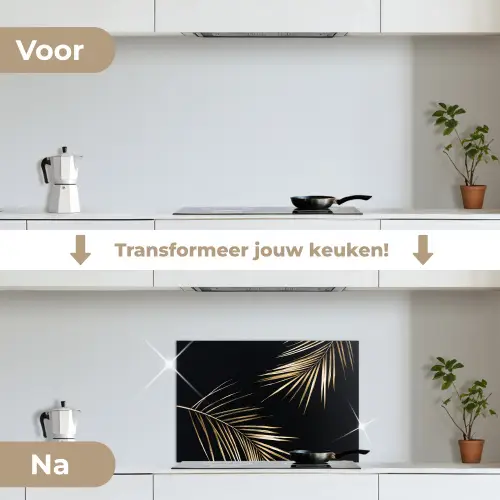 Bladeren - Planten - Goud - Zwart - Luxe keuken achterwand spatscherm klein -voor_na_NL