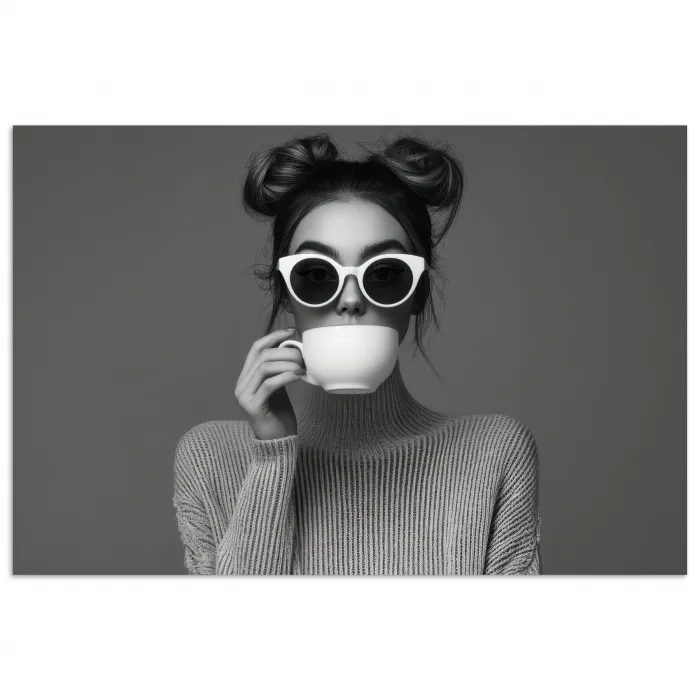 Vrouw - Koffie - Zwart - Wit poster papier klein -3d