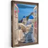 Doorkijk - Santorini - Landschap - Blauw - Grieks Tuinposter op houten frame 2 cm dik klein -3d