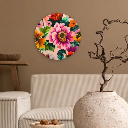 Bloemen - Kleurrijk - Roze Wandcirkel kunststof plaat 5mm dik klein -sfeer1