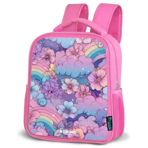 Illustratie van wolken, regenbogen en bloemen Kinderrugzak - Roze middel -schuin