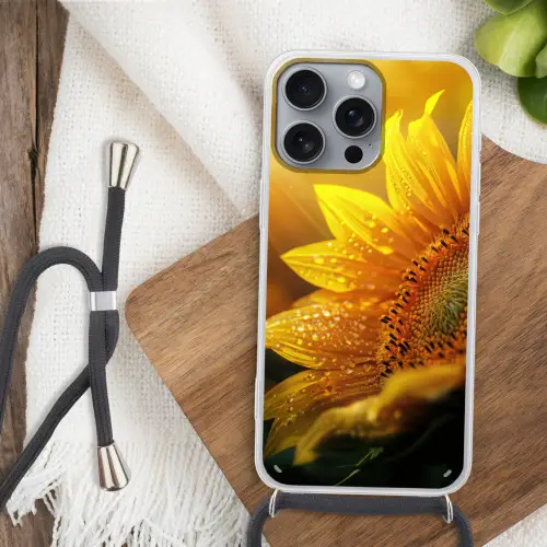 Zonnebloem - Dauwdruppels - Geel - Zonlicht Hoesje iPhone 16 Pro Max met koord klein -sfeer4