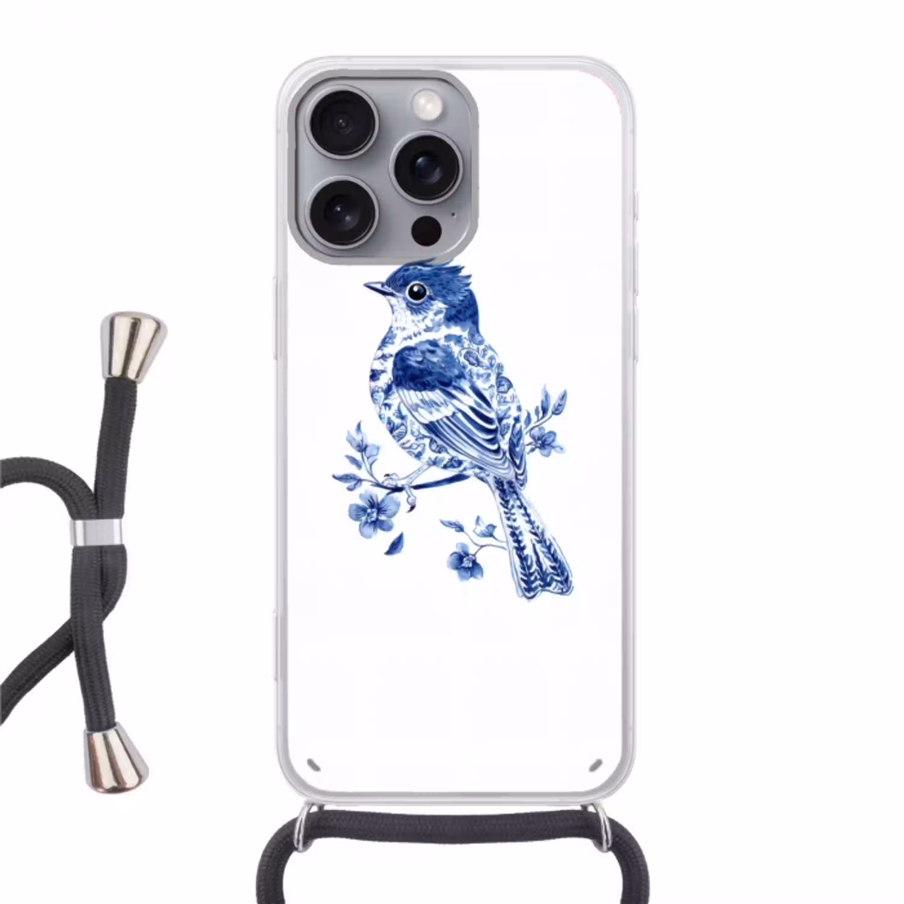 Vogel - Delfts blauw - Illustratie - Bloemen Hoesje iPhone 16 Pro Max met koord klein -3d