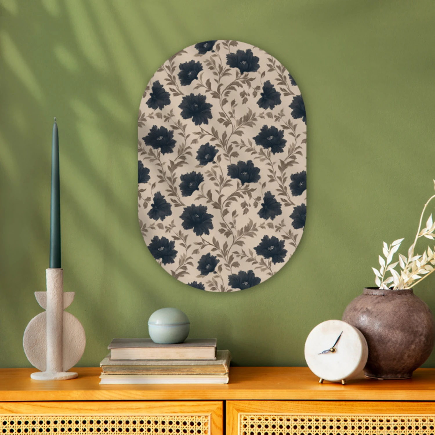 Motief - Bloemen - Zwart - Beige Wandcirkel Ovaal Forex klein 630 -sfeer2