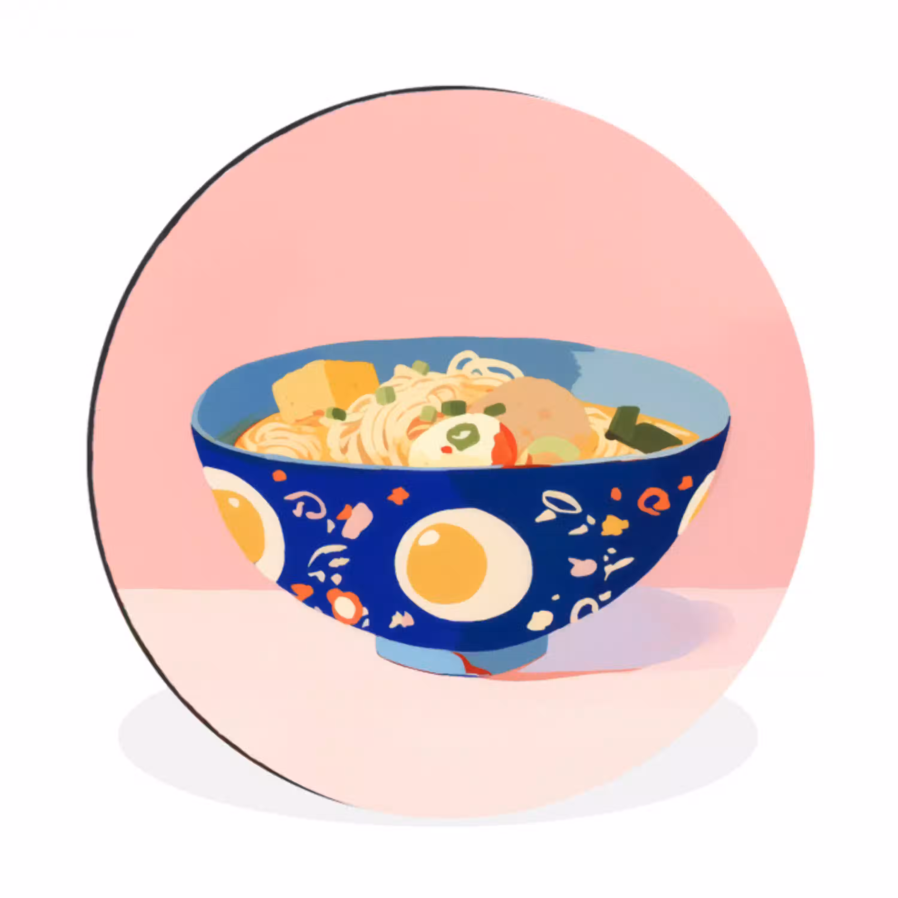 Noodles - Kom - Blauw - Illustratie Wandcirkel aluminium klein -3d