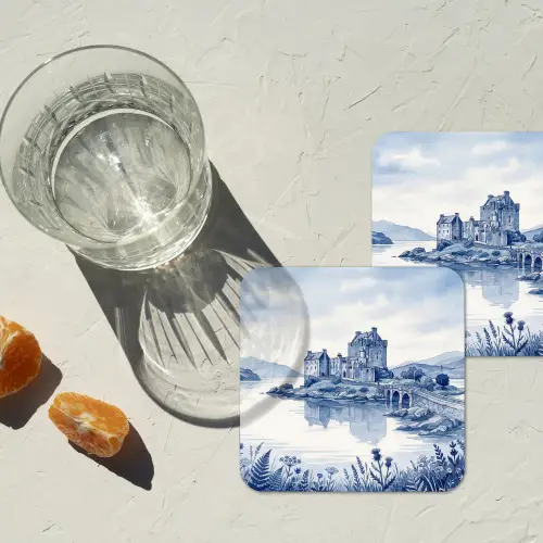 Schots - Kasteel - Blauw - Aquarel onderzetter kurk middel -sfeer4