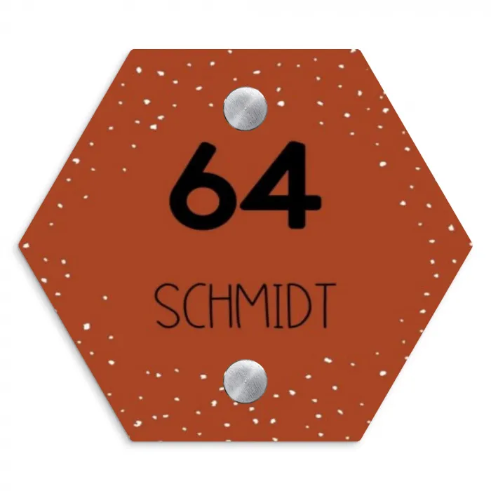 Roestbruin met stippen - Modern Naambord Hexagon klein -3d
