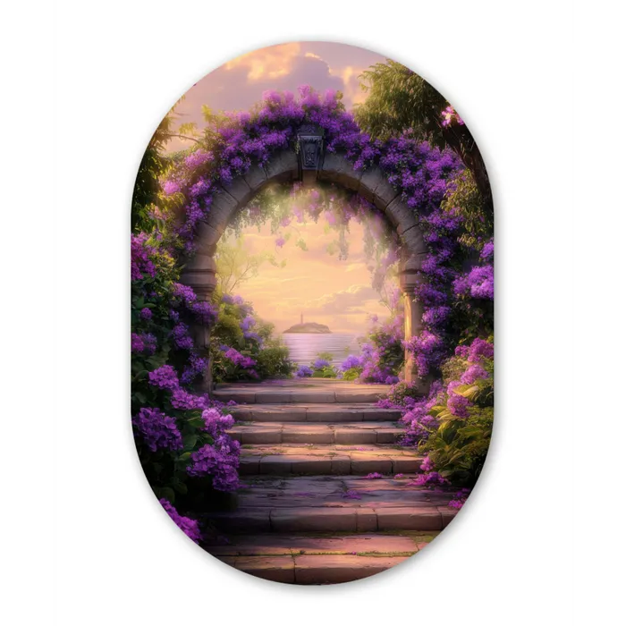 Poort - Paars - Bloemen Wandcirkel Ovaal Glas middel -3d