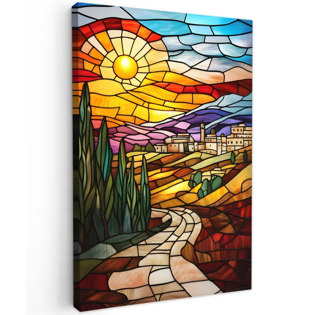 Mozaïek - Zon - Landschap - Dorp Tuinposter op houten frame 2 cm dik klein -3d