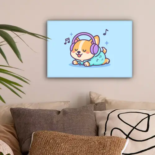 Corgi - Koptelefoon - Blauw - Muzieknoten canvas 2cm klein -sfeer1