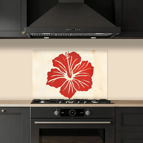 Rode hibiscusbloem - Textuur achtergrond - Beige keuken achterwand spatscherm klein -sfeer1